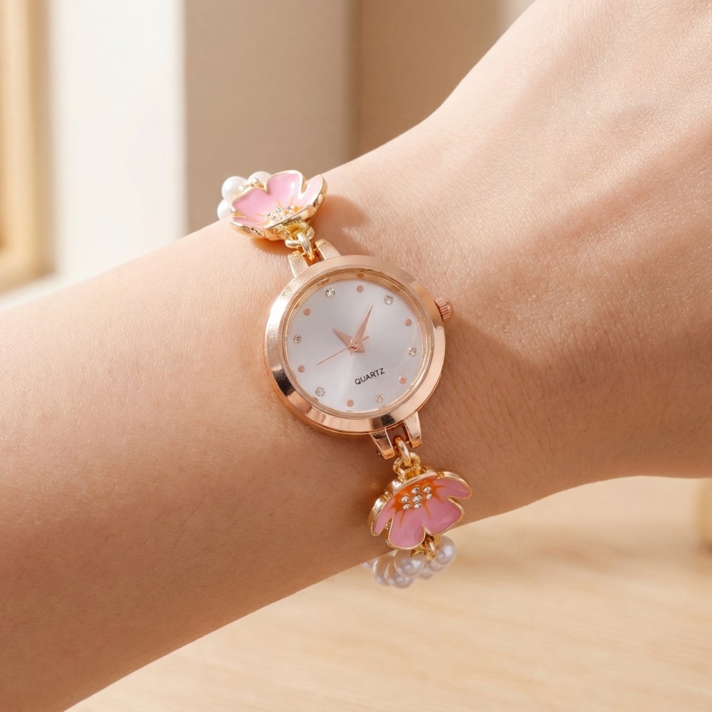 Double Flower Detail Chain Beads Bracelet Watch