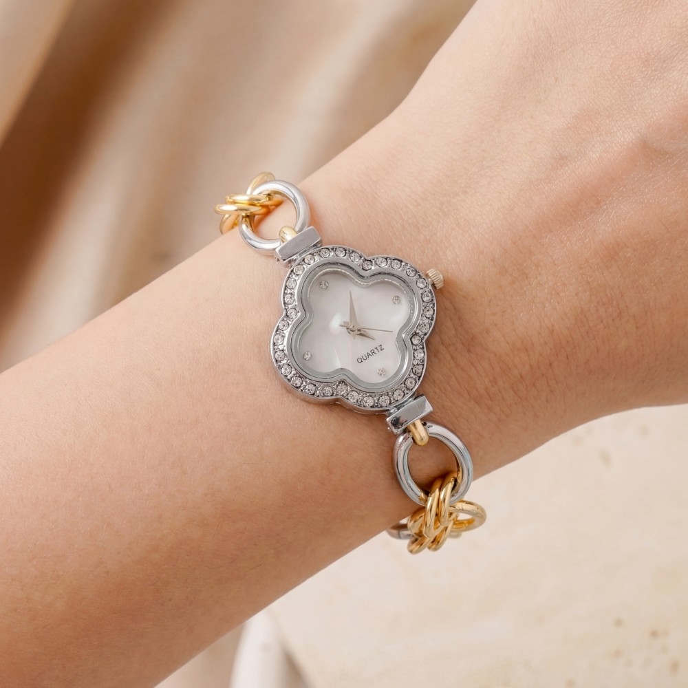 Cz Clover Two Tone Toggle Chain Bracelet