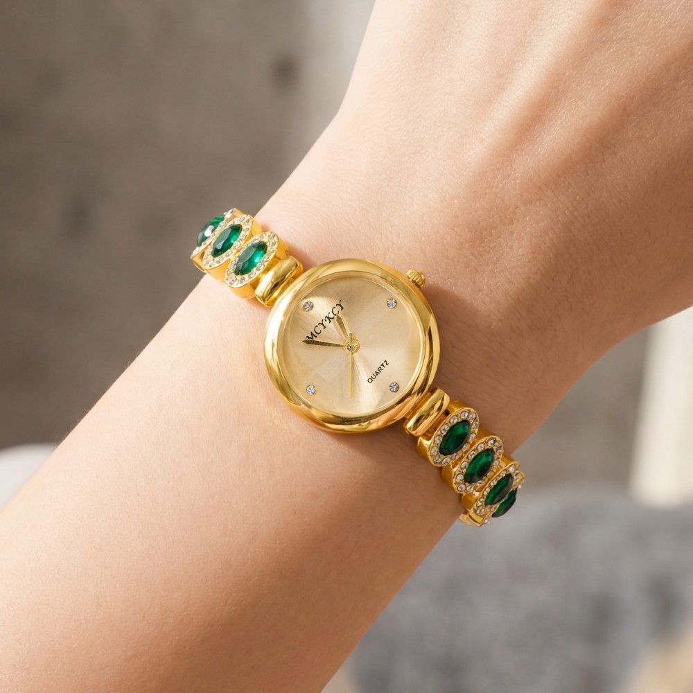 Gold Chain With Green Cz Studs Bracelet Watch