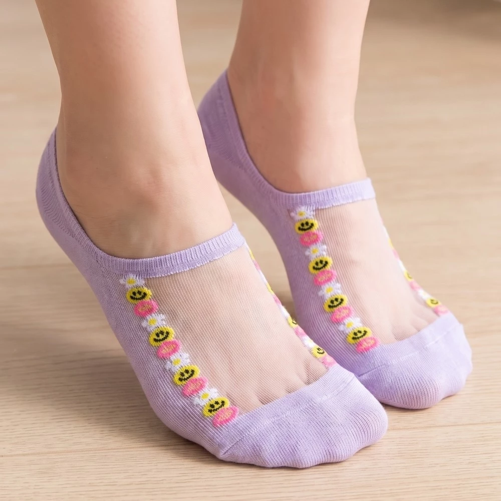 Lavender See Through Emoji Lined Low Rise Socks