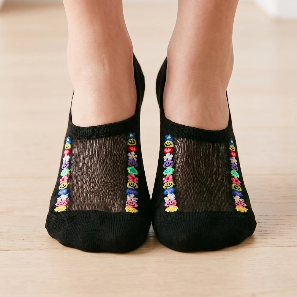 Black See Through Emoji Lined Low Rise Socks