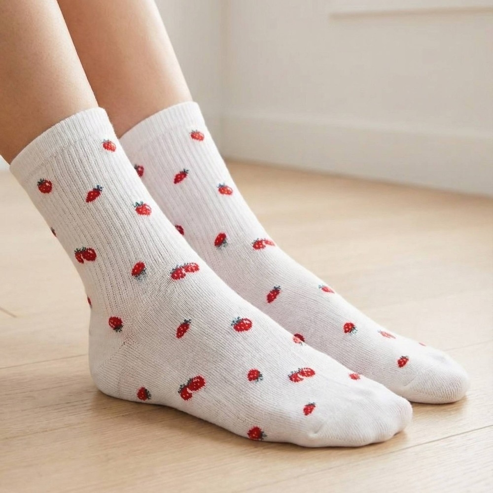 White Strawberry Print Socks