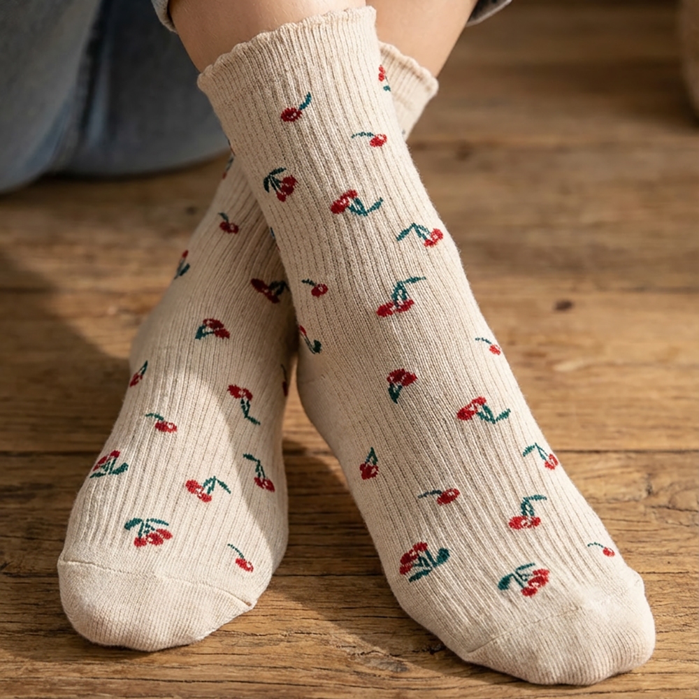 Beige Cherry Print Socks