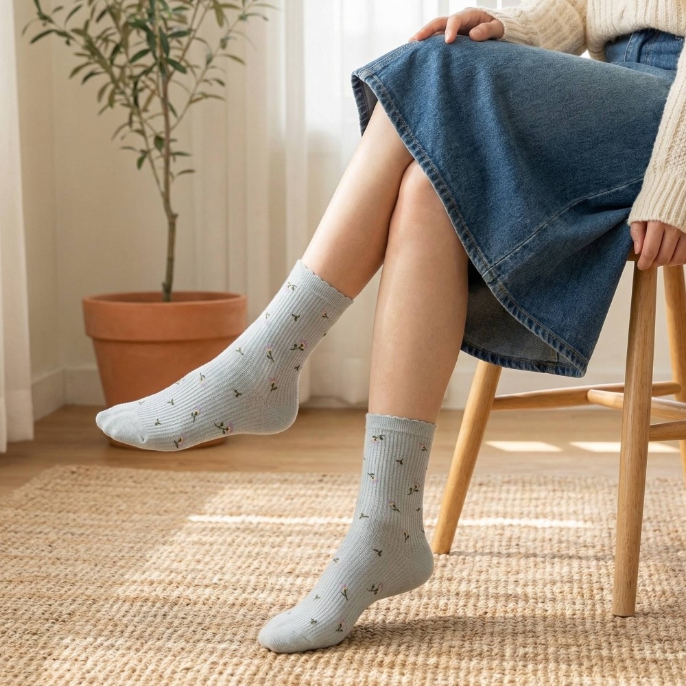 Blue Flower Rose Print Socks