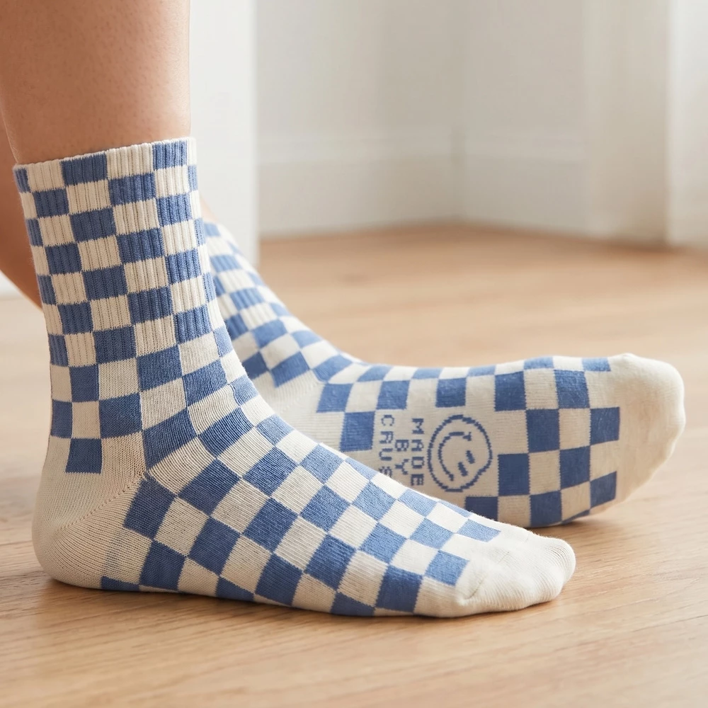 Blue Cream Checkerboard Cotton Crew Socks