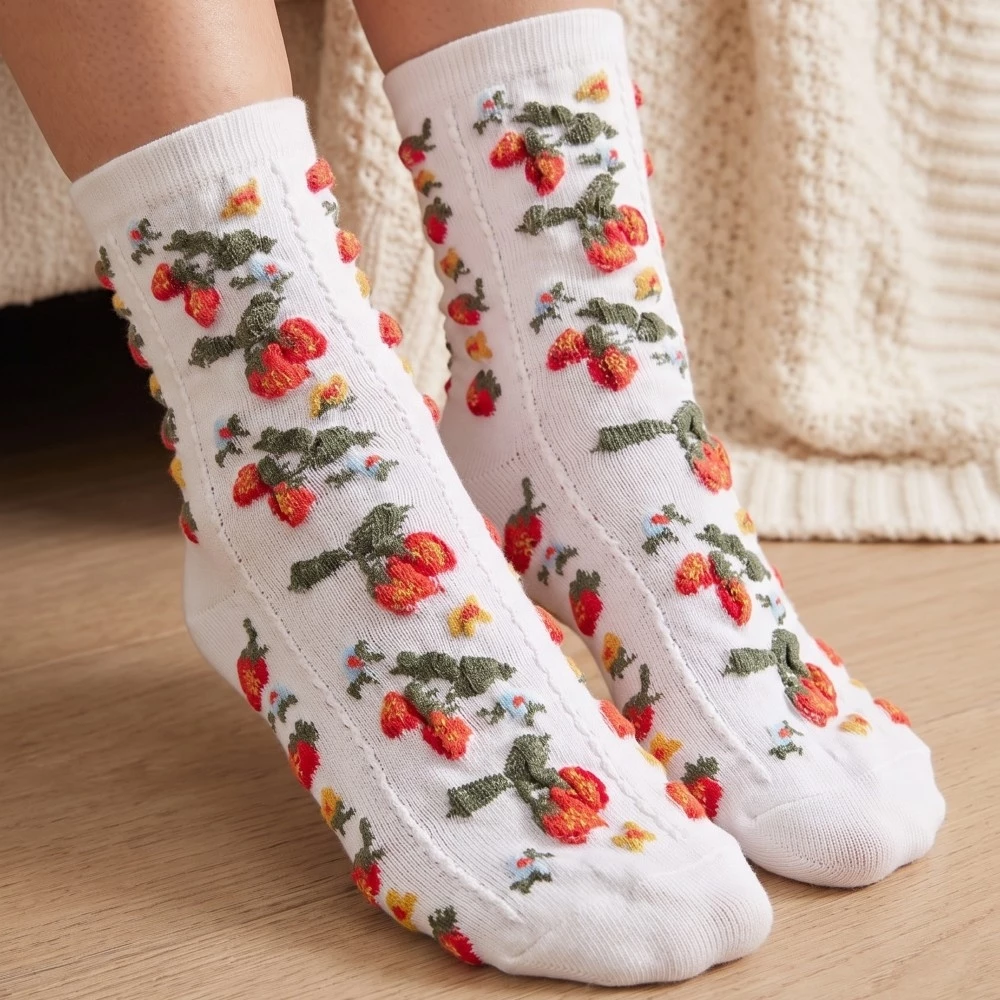 Strawberries And Flowers Embroidered White Socks