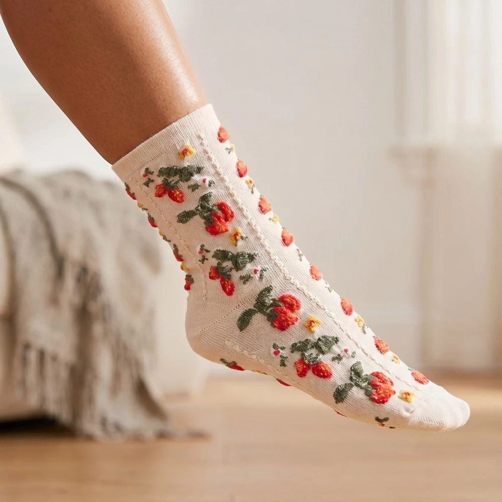 Strawberries And Flowers Embroidered Beige Socks