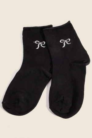 Sparkling Ribbon Bow Engraved Black Socks