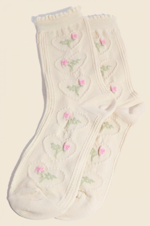Beige Heart Halo Flower Embroidered Socks