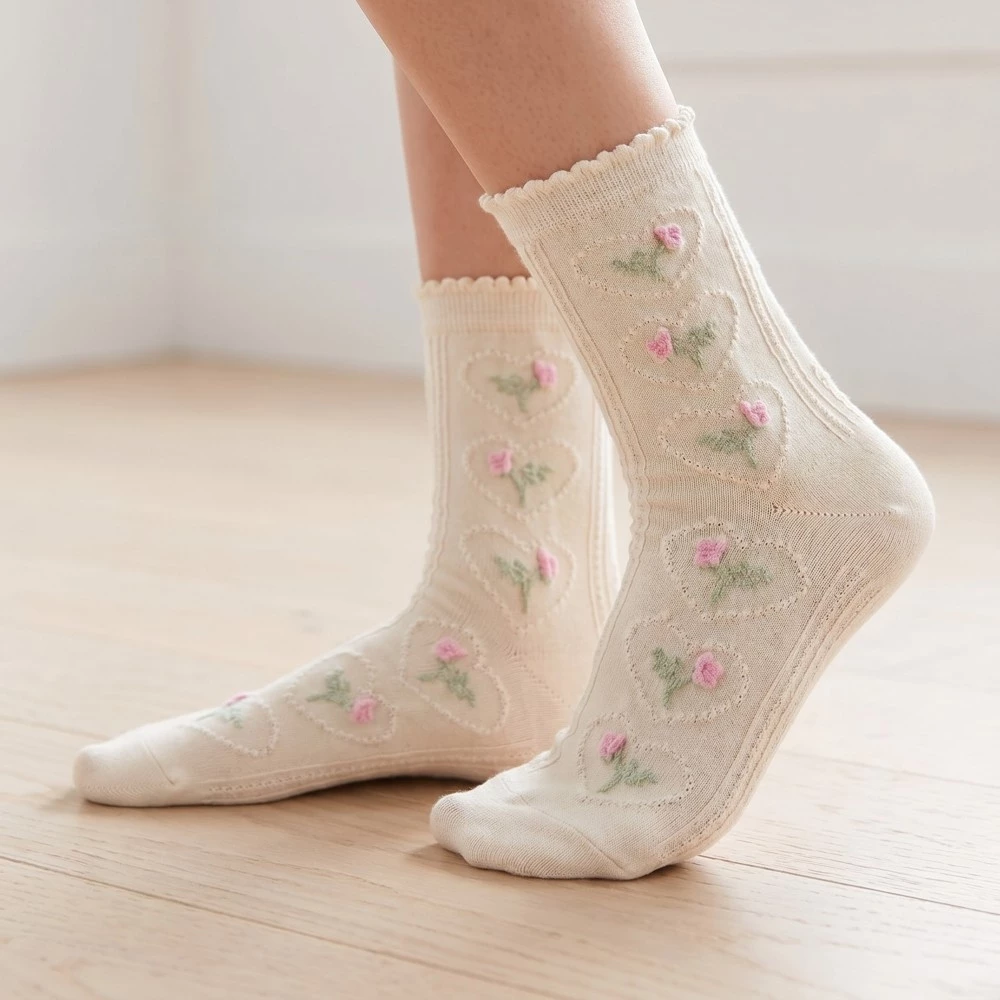 Beige Heart Halo Flower Embroidered Socks