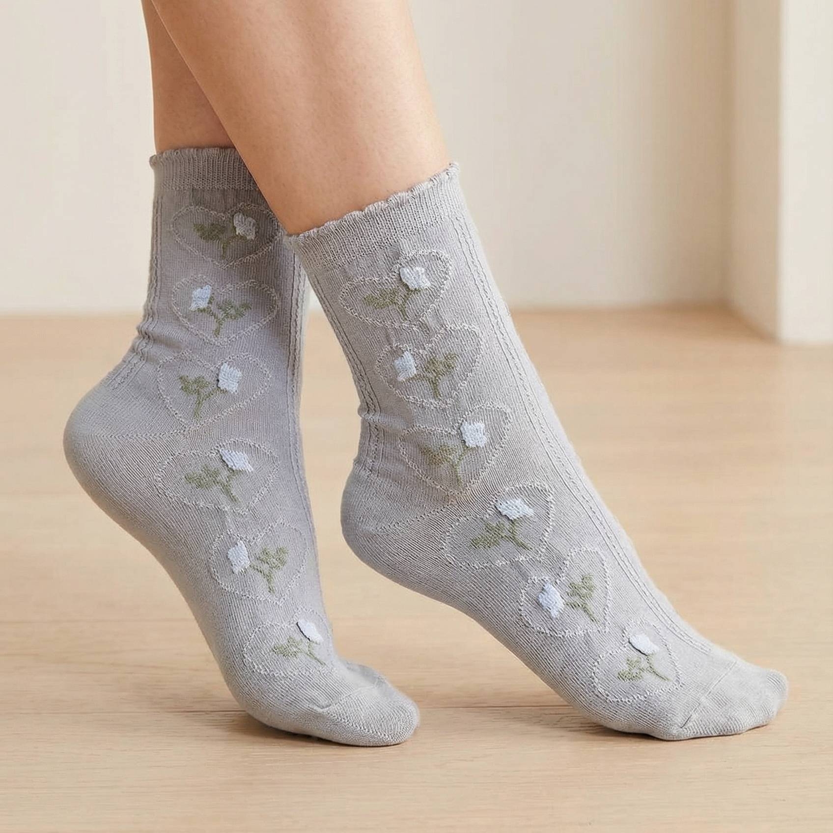 Gray Heart Flower Embroidered Socks