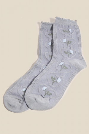 Gray Heart Flower Embroidered Socks