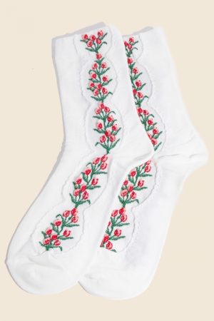 White Floral Tulip Vine Embroidered Socks