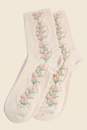 Beige Floral Tulip Vine Embroidered Socks