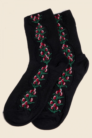 Black Floral Tulip Vine Embroidered Socks