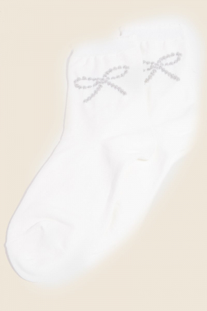Silver Glitter Ribbon Bow Embroidered White Socks