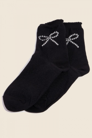 Silver Glitter Ribbon Bow Embroidered Black Socks