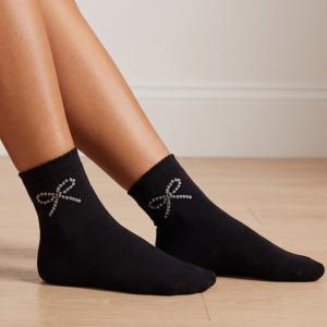 Silver Glitter Ribbon Bow Embroidered Black Socks