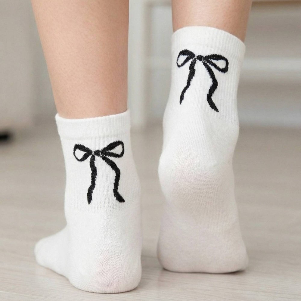 Black Glitter Ribbon Bow Embroidered White Socks