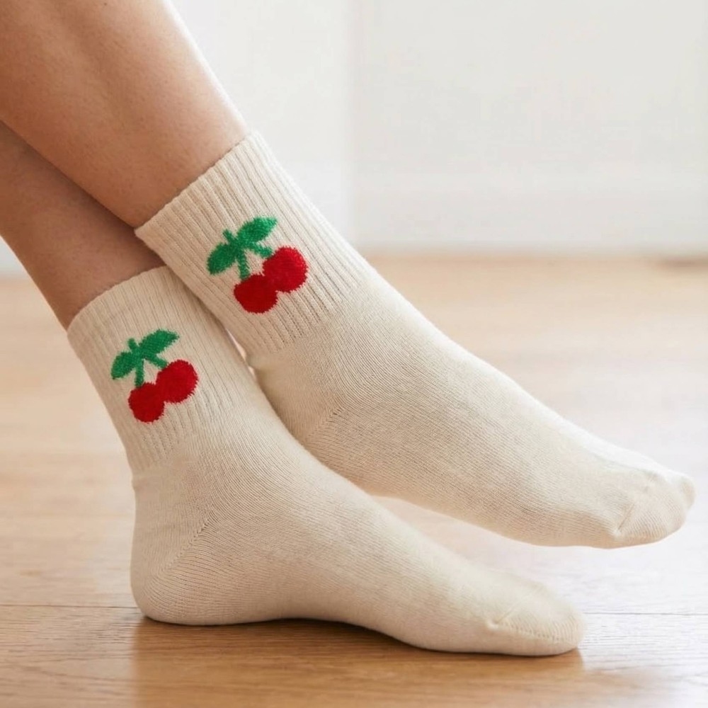Cherry Embroidered Beige Socks