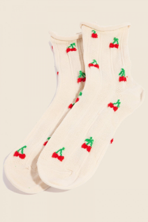 Intricate Cherry Embroidered Beige Socks