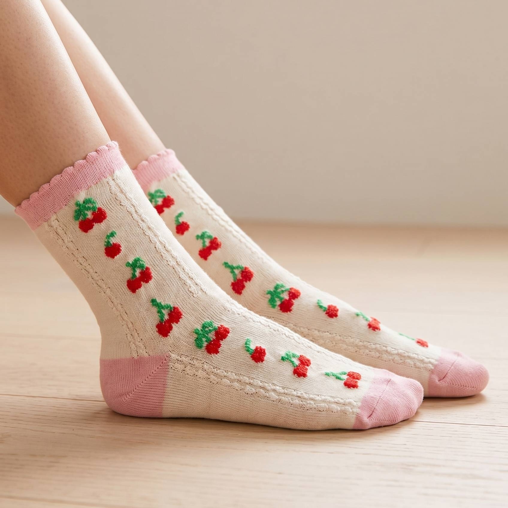 Pink Accent Cherry Embroidered Beige Socks
