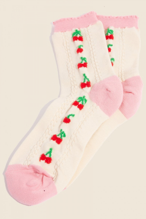 Pink Accent Cherry Embroidered Beige Socks
