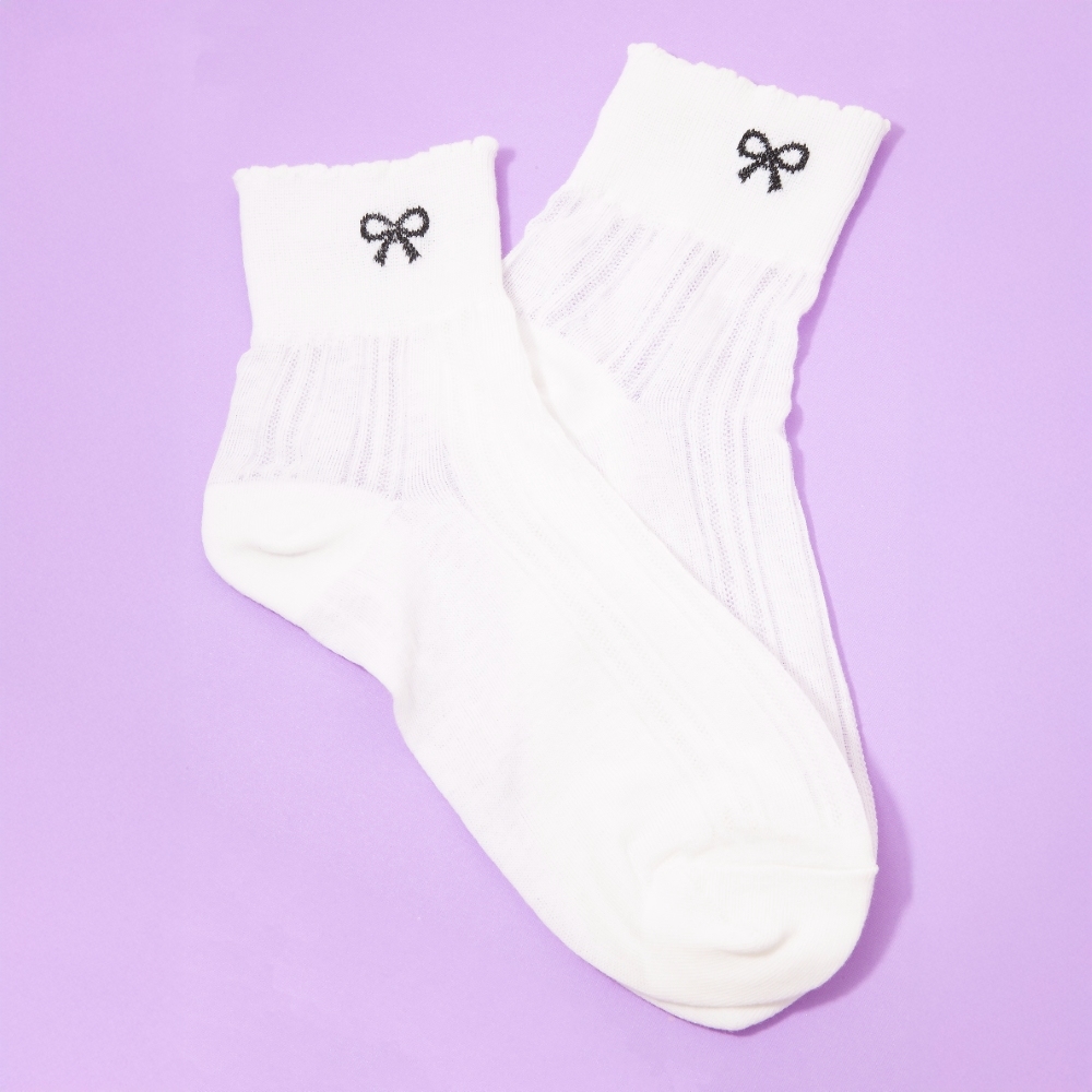 Mini Embroidered Ribbon Bow White Socks