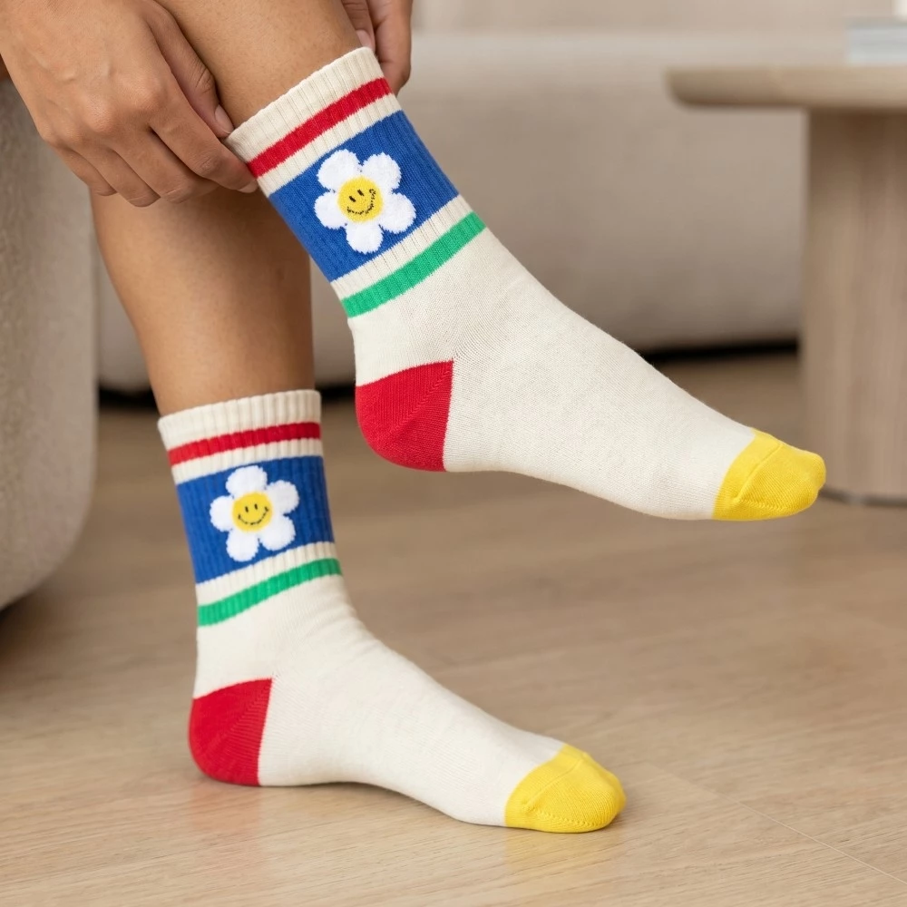 Floral Rainbow Striped Happy Face Socks