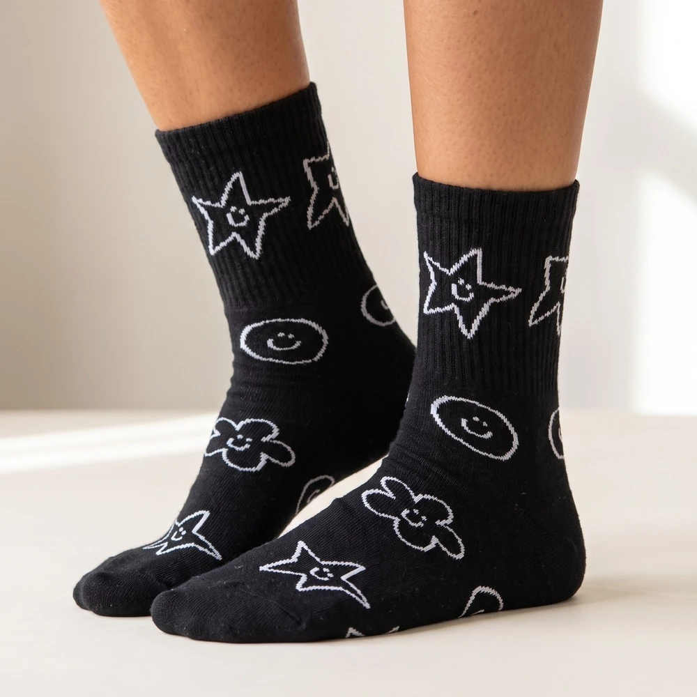 Doodle Star And Smiley Face Black Crew Socks