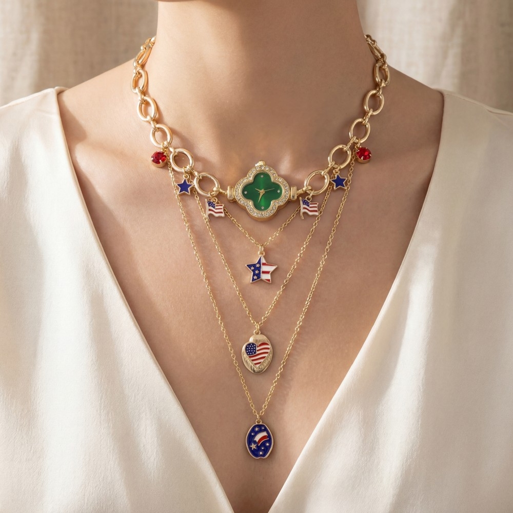 Layered Chain Patriotic Theme Charm Watch Necklace