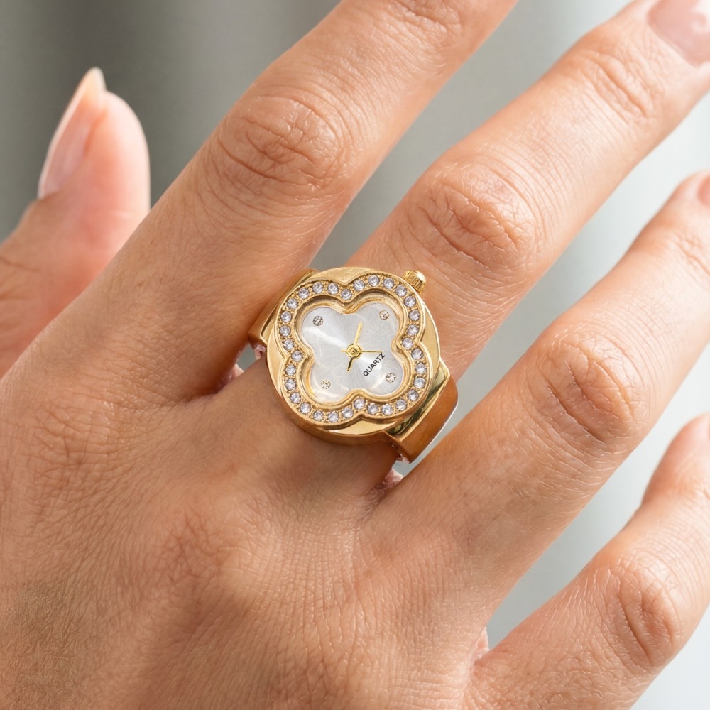 Stainless Steel Cz Clover Ring Watch