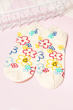 Ivory Floral Outline Print Low Rise Socks