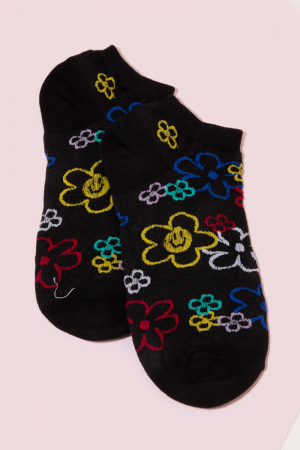 Black Floral Outline Print Low Rise Socks