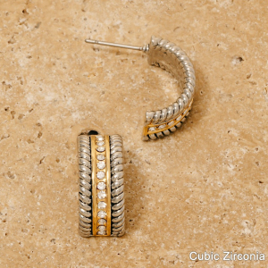 Two Tone Cz Pave And Rope Texture Layered Hoop Earrings