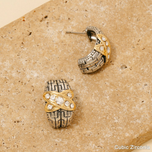 Two Tone Cz Pave X Wide Textured Hoop Earrings