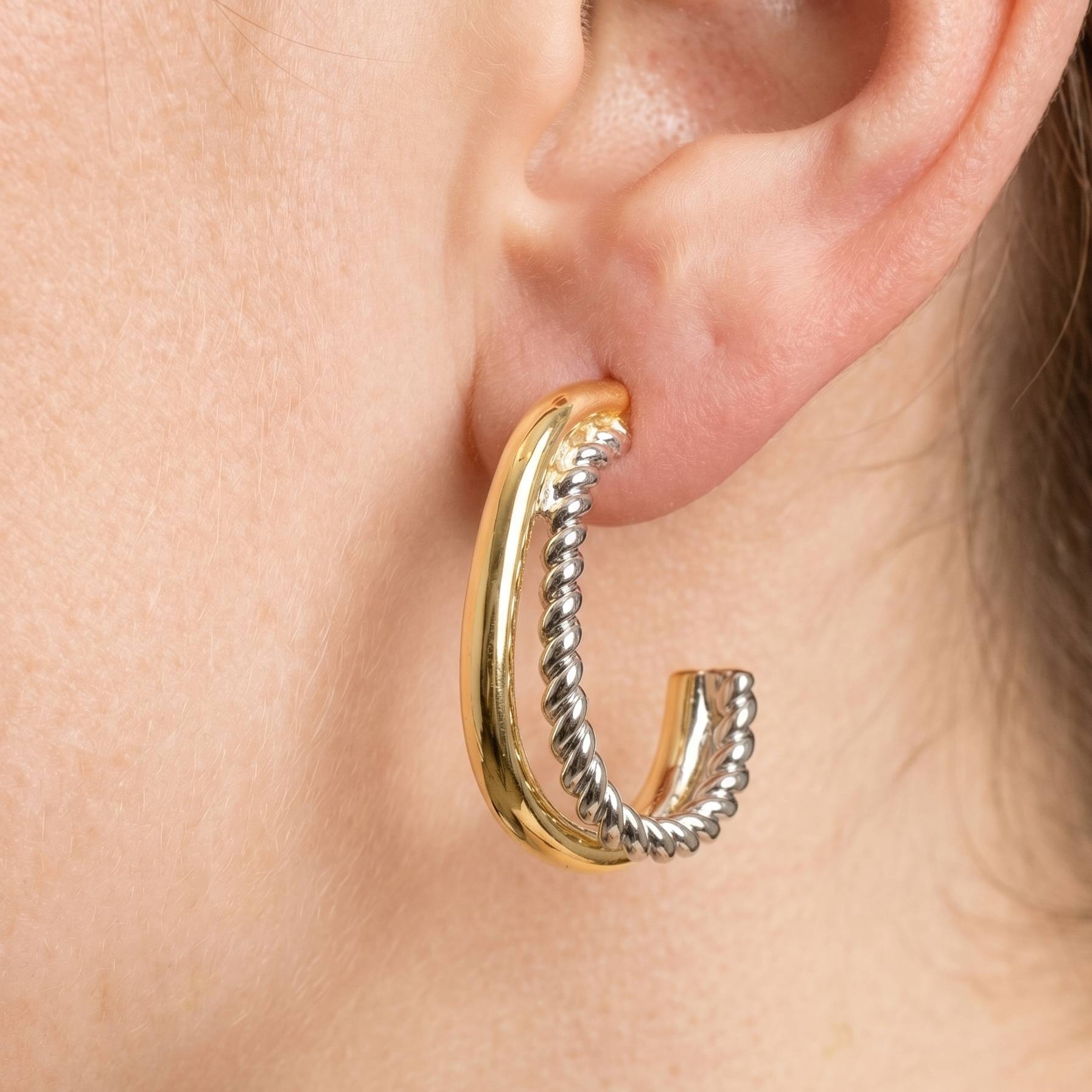 Gold Plated Two Tone Layered Oval Hoop Earrings