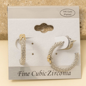 Gold Plated Cz Two Tone Textured Hoop Earrings