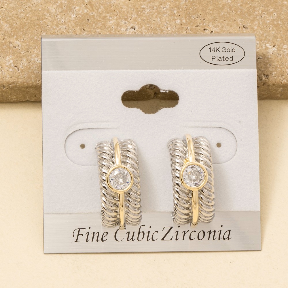 Gold Dipped Two Tone Cz Stud Rope Pattern Drop Earrings