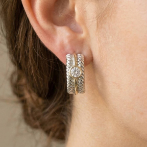 Gold Dipped Two Tone Cz Stud Rope Pattern Drop Earrings
