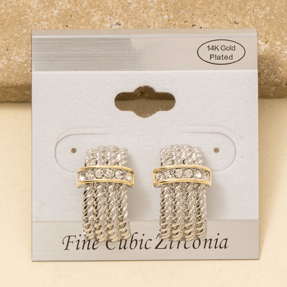 Gold Dipped Two Tone Cz Pave Layered Rope Drop Earrings