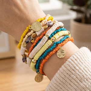 Boho Heishi Coin Charm Stretch Bracelet Set