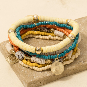 Stone And Coin Charms Mixed Beaded Bracelet Set