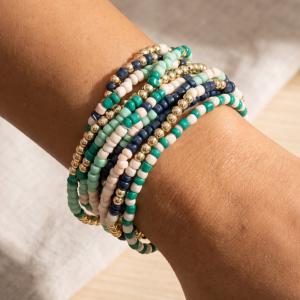 Mixed Mint And Blue Tones Seed Beaded Bracelet Set