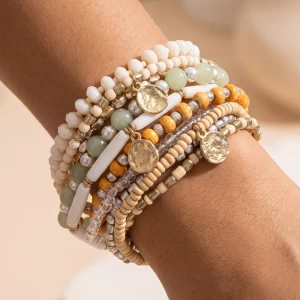 Boho Coin Charm Beaded Bracelet Stack Set