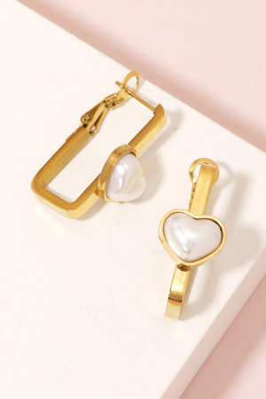 Stainless Steel Pearly Heart Rectangle Hoop Earrings