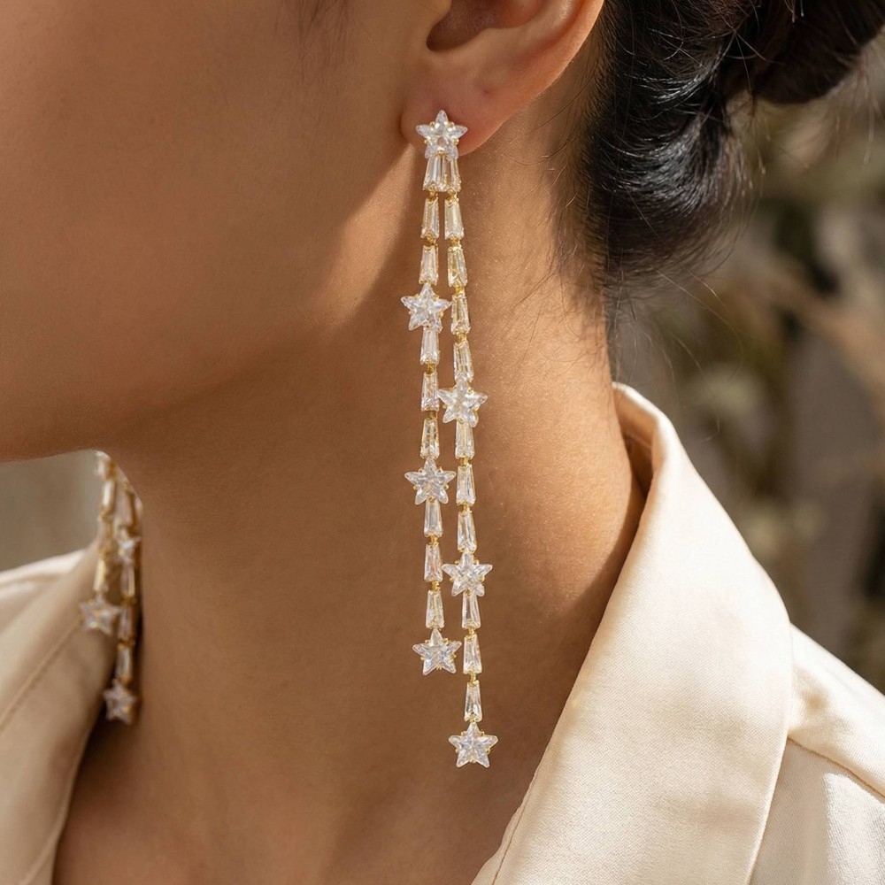 Star And Baguette Gems Chain Dangle Earrings